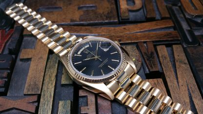 1982 Rolex Day Date Yellow Gold 18038 Black Tapestry Dial with Papers