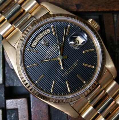 1982 Rolex Day Date Yellow Gold 18038 Black Tapestry Dial with Papers
