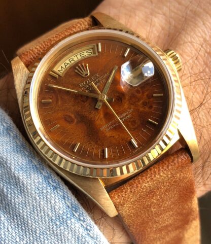1979 Rolex Day Date Yellow Gold 18038 Wood Dial with Box & Papers